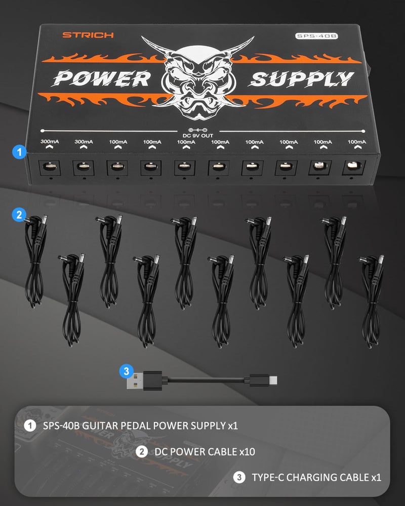 STRICH SPS-40B Pedal Power Supply with Built-in 10000mAh 10 Outputs DC 9V (2x300mA, 8x100mA) Jacks for Guitar Bass Pedals, Rechargeable Battery Guitar Effect Pedal Power, 5V/1A USB Port, Noiselessly