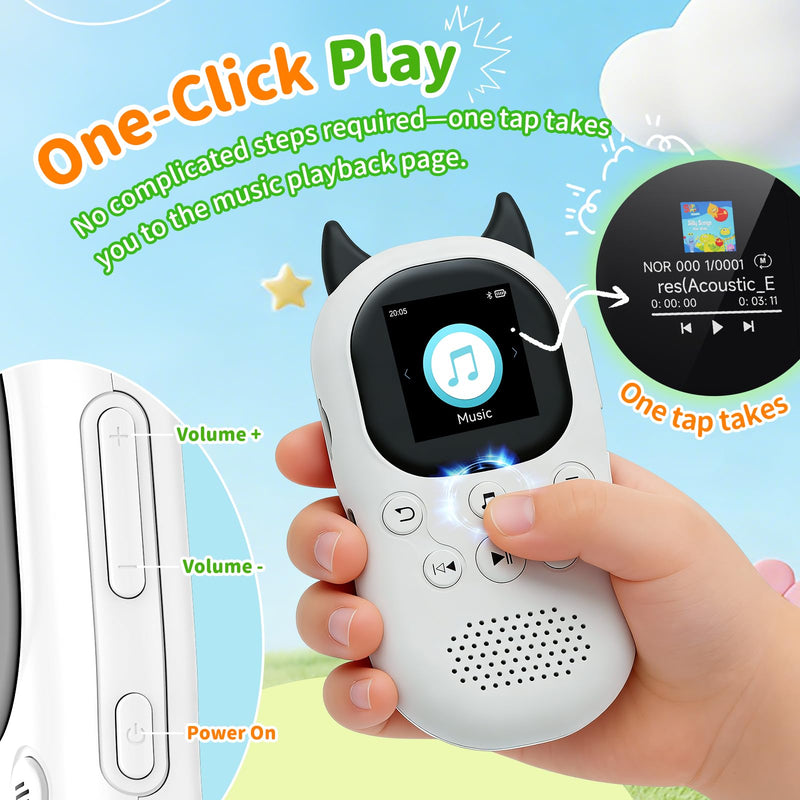[AUSTRALIA] - 64GB mp3 Player for Kids with Bluetooth 5.3,Child Music Player with Speaker, FM Radio, Voice Recorder, Alarm Clock, Stopwatch, One Click to Play, Expandable up to 128GB,Cute Cow Shape, Free Lanyard Off-white 