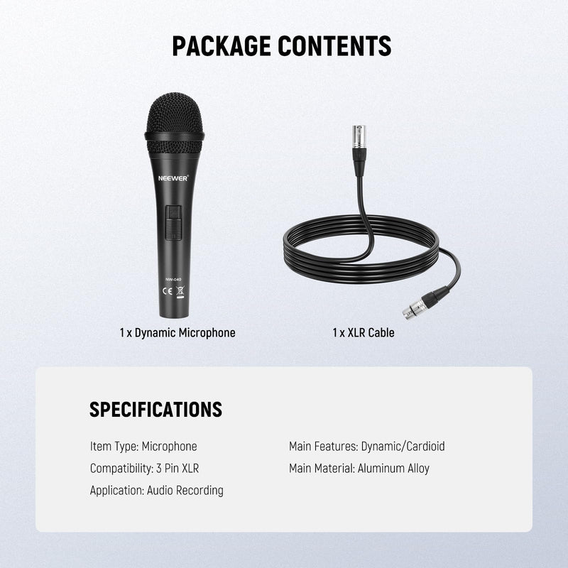 [AUSTRALIA] - NEEWER NW-040 Cardioid Dynamic Microphone with XLR Cable, Rigid Metal Housing, Unidirectional Pickup Mic for Musical Instruments Voice Public Speech Podcast Singing PC Gaming Streaming Studio, Black 
