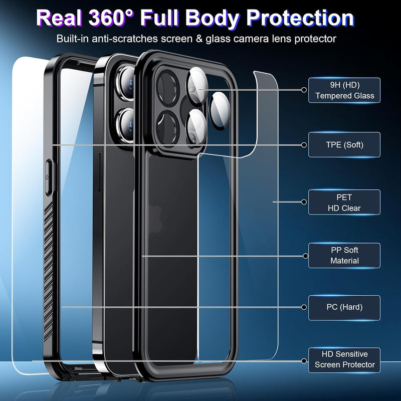 2026 New Designed for iPhone 15 Pro Max Case Waterproof, [Built-in Screen Protector & Glass Camera Protector][Full Body Shockproof][IP68 Underwater][Dropproof] Phone Case for iPhone 15 Pro Max 6.7" Black/Clear