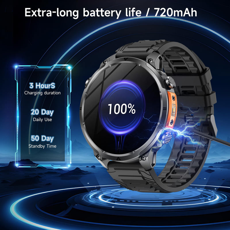 2026 New Military Smart Watches Built-in GPS and Compass with Heart Rate/SpO2/Sleep Monitor, 1.7" HD Display Outdoor Smartwatch with 720MAH/Flashlight/Bluetooth/100+Sports Modes, Android iOS Black