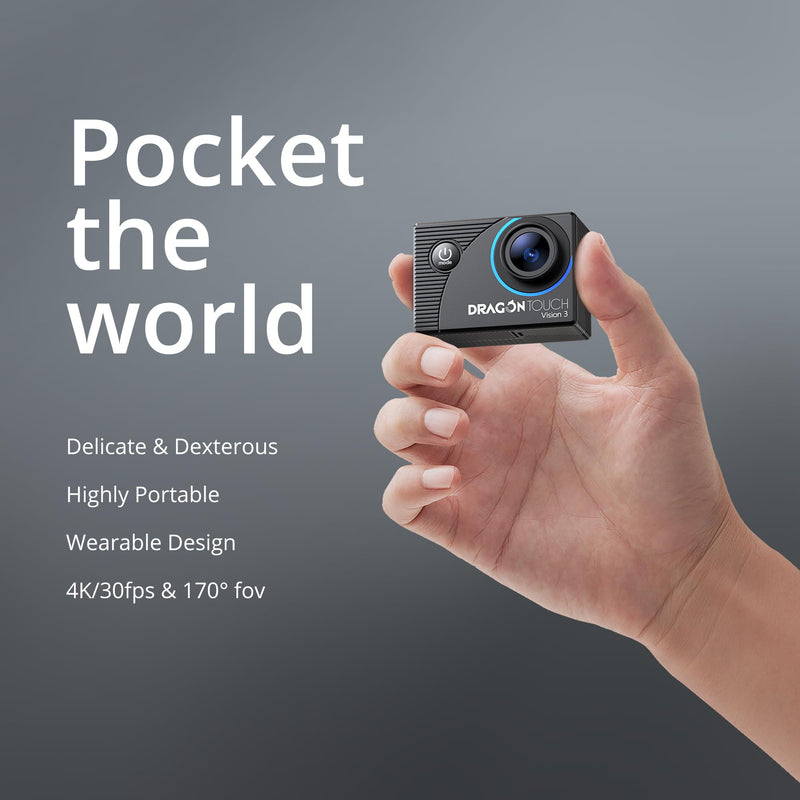 Dragon Touch Action Camera 4K 20MP 30FPS 100FT Waterproof Underwater Camera 170° Wide Angle WiFi Sports Cam with Remote 2 Batteries and Mounting Accessories Kit