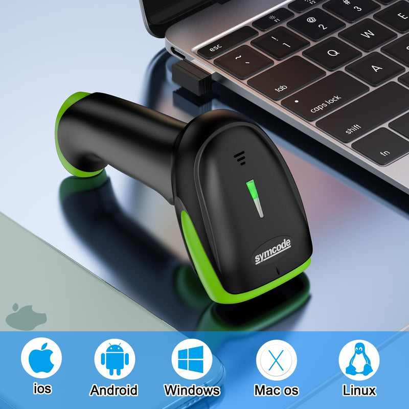 [AUSTRALIA] - Symcode Wireless Bluetooth Barcode Scanner,Bluetooth & USB Wired & 2.4G Wireless Connection Ergonomics Handheld Barcode Scanner Reader, 2D 1D QR Code Automatic Fast Precise scanning Scanner Green 