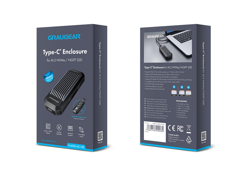 GRAUGEAR 10Gbps M.2 NVMe SATA SSD Enclosure Adapter, Tool-Free USB3.2 Gen2 External SSD Case, USB C to USB C/USB A Cables, M Key, B+M Key, RTL9210B for Size 2230/2242/2260/2280[G-M202-AC-10G]