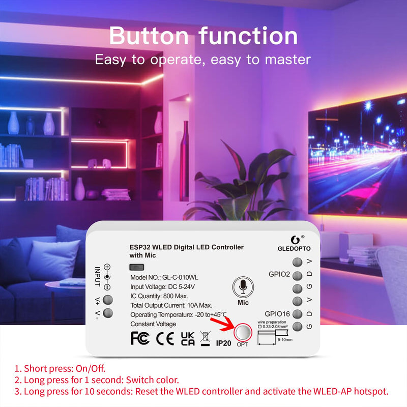 GLEDOPTO ESP32 WLED LED Controller with Mic Microphone DIY Lighting Music Dynamic Modes for WS2811 WS2812 SK6812 TM1814 WS2813 WS2815 Addressable FCOB LED Strip Lights