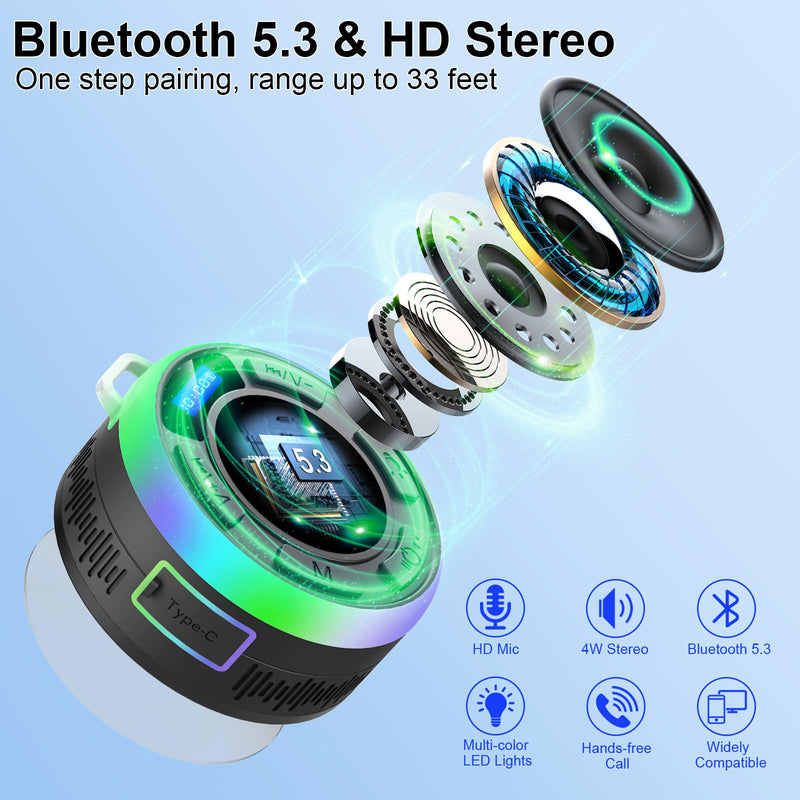 [AUSTRALIA] - Shower Bluetooth Speaker IPX7 Waterproof, Portable Bluetooth Speakers with Suction Cup and Time Display, Crystal Sound&Bass LED Light 1100mAh, Wireless Shower Speaker for Outdoor/Kayak/ Gifts/Beach Black 