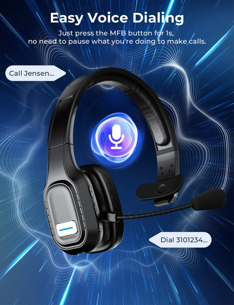 [AUSTRALIA] - Bluetooth Headset, 60Hrs Working Time with Noise Canceling, Trucker Wireless Headset with Mic & Mute, Voice Control, Bluetooth Headphones Multipoint for Truck Driver, Office, CallCenter, Phone/PC Black 