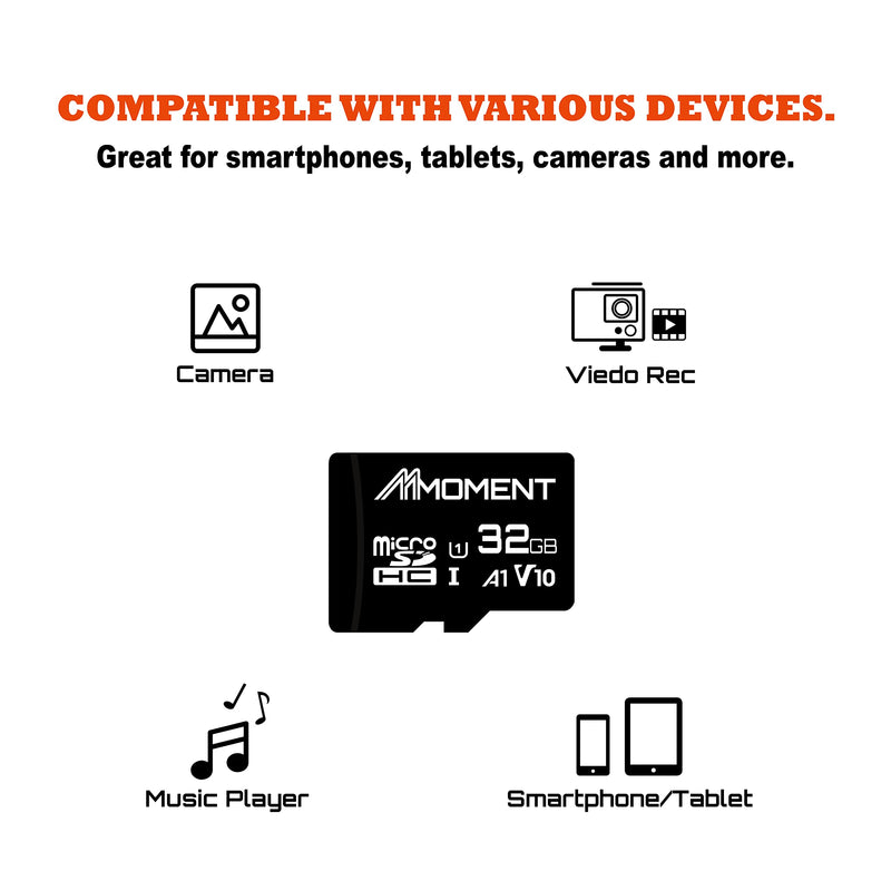 MMOMENT Micro SDHC Card, A1, UHS-I, U1, V10, Class 10 Compatible, Read Speed Up to 90 MB/s, SD Adapter Included (32GB, Black - A1, U1, V10) 32GB, Black - A1, U1, V10