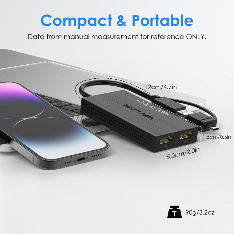 WAVLINK USB 3.0 & USB C to Dual HDMI Adapter 4K@60Hz for Dual Monitor, DisplayLink USB C HDMI Adapter for Apple Mac M1-M5/Macbook Neo, Windows 10/11, ChromeOS (No Linux/iPad/iOS/HDCP), Driver Required USB to Dual HDMI 4K