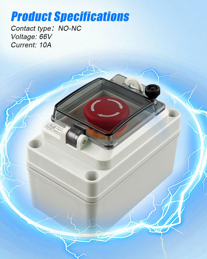 660V 10A Push Button Switch Box, Red Momentary Emergency Stop Button, Shut Off Switch with IP67 Waterproof Protective Cover Red Emergency Stop Only