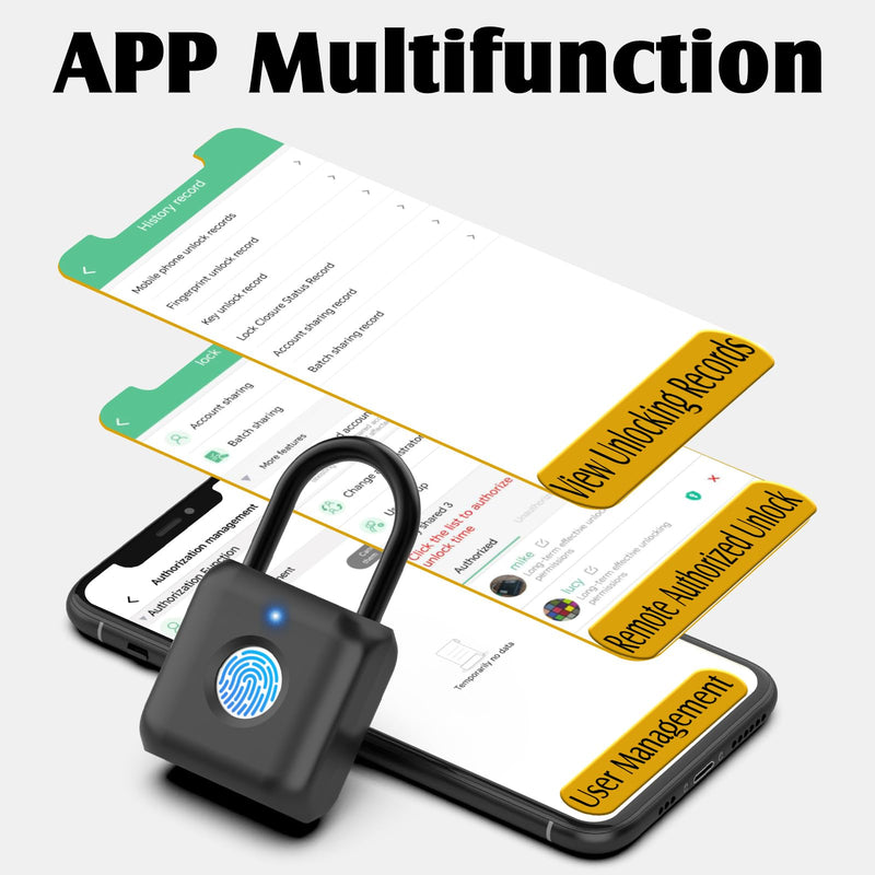 Pothunder Fingerprint Padlock, Smart Padlock, Locker Lock, Combination Lock, Fingerprint Lock with APP Unlock, USB Rechargeable, Suitable for Gym Locker, Door, Locker(Black) Black