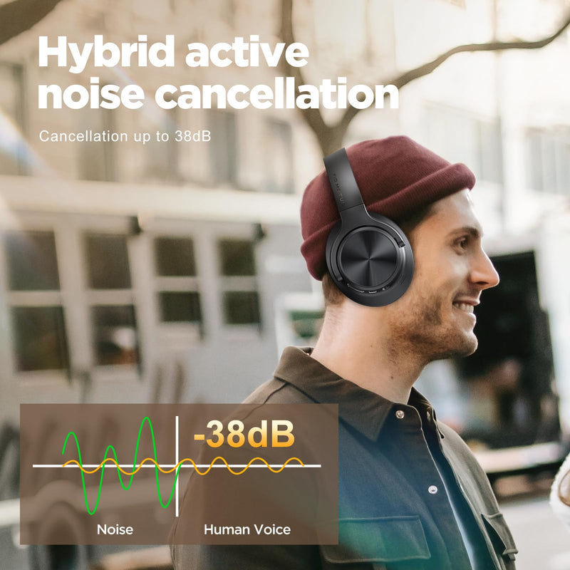 Hybrid Active Noise Cancelling Headphones 130H Wireless Over Ear Headphones | Bluetooth, Hi-Res Sound, Deep Bass, Spatial Audio, Dual Connection, Custom EQ via App, Comfortable Fit for Travel Home Office Black
