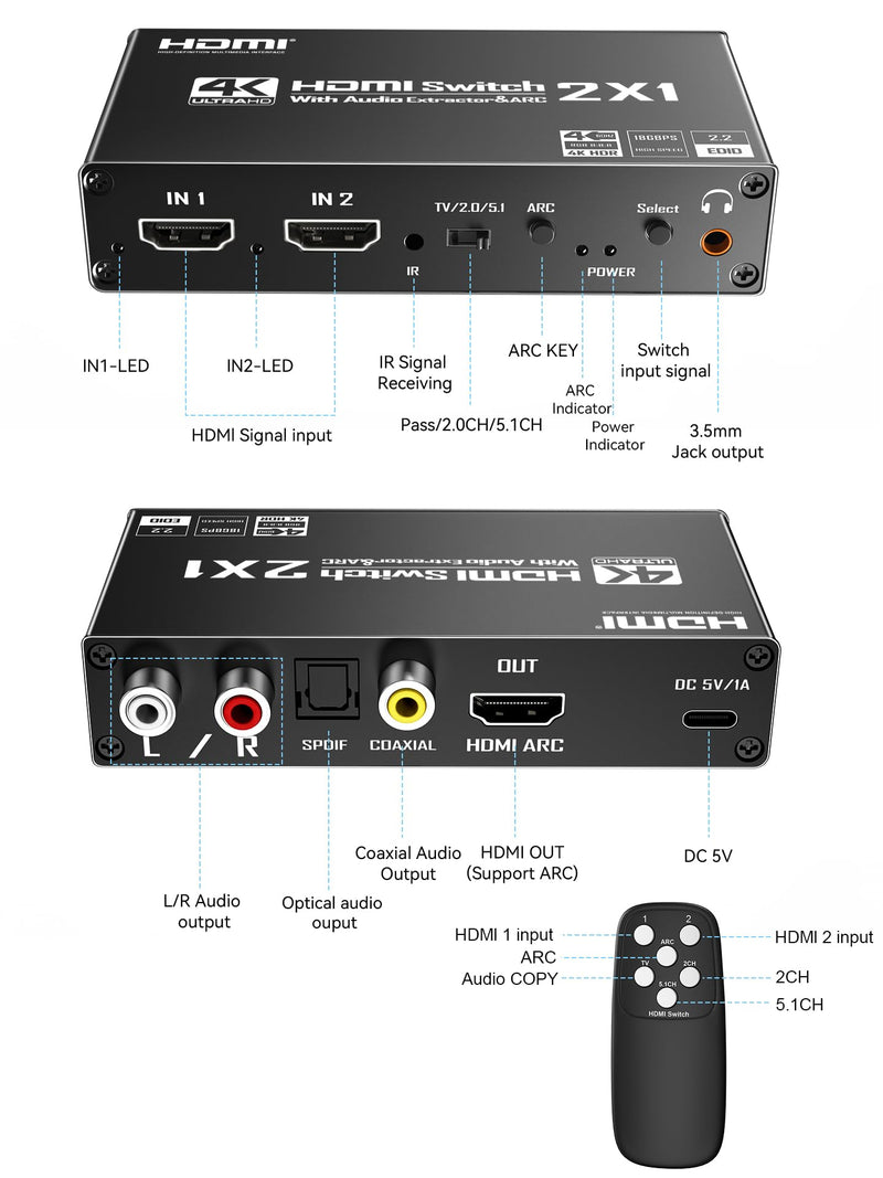 [AUSTRALIA] - HDMI Switch eARC Audio Extractor, 4K@60hz HDMI Audio Splitter with Remote, Support 7.1 Channel Audio/Optical Toslink SPDIF/Coaxial Converter HDR (Black) Black 