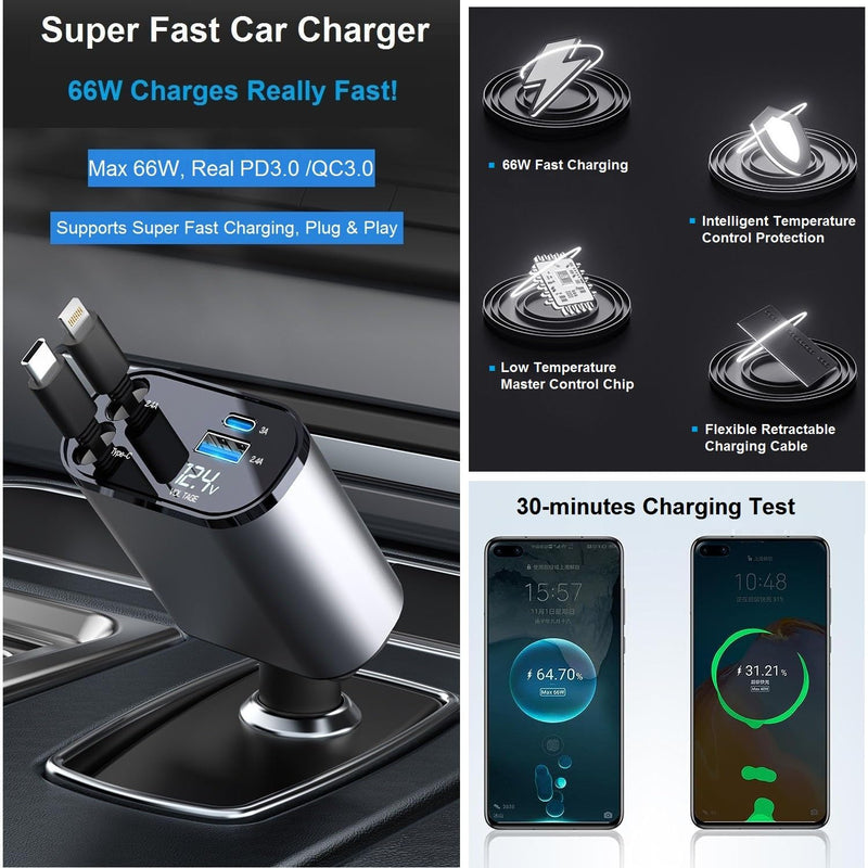 Retractable Car Charger - 4-in-1 Fast Car Phone Charger USB C and Lightning Cords 66W Cigarette Lighter Chargers Adapter for iPhone 15 14 13 12 Pro Max iPad Android Galaxy S24 S23 Pixel Tablet PT-16