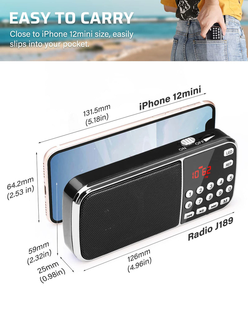 PRUNUS J-189 Bluetooth AM FM Radio, Small Portable Radio - Dual Speaker Heavy Bass, LED Flashlight, Pocket Size, TF Card USB AUX MP3 Player, Rechargeable Battery Operated Small Radio(Black) Black