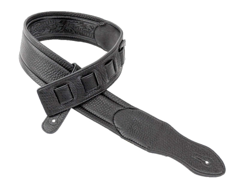 Walker & Williams G-118 Black on Black Padded Guitar Strap with Embossed Tooling & Padded Glove Leather Back For Acoustic, Electric, And Bass Guitars