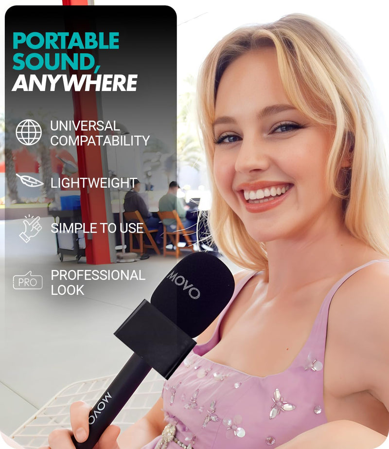 Movo WMX-HMF2 Wireless Microphone Handle with Mic Flag – Handheld Grip for DJI Mic, Rode GO II – Includes Lav Microphone Holder, Adapter & 3 Windscreens – for Interviews, YouTube & TikTok
