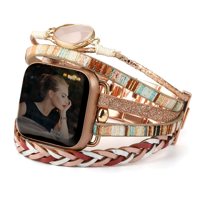 Boho Leather Bands Compatible with Apple Watch Band Bracelet for Women Men 38mm/40mm/41mm, Multilayer Apple Watch Strap for Iwatch Band Series 8/7/6/5/4/3/2/1/SE Ultra