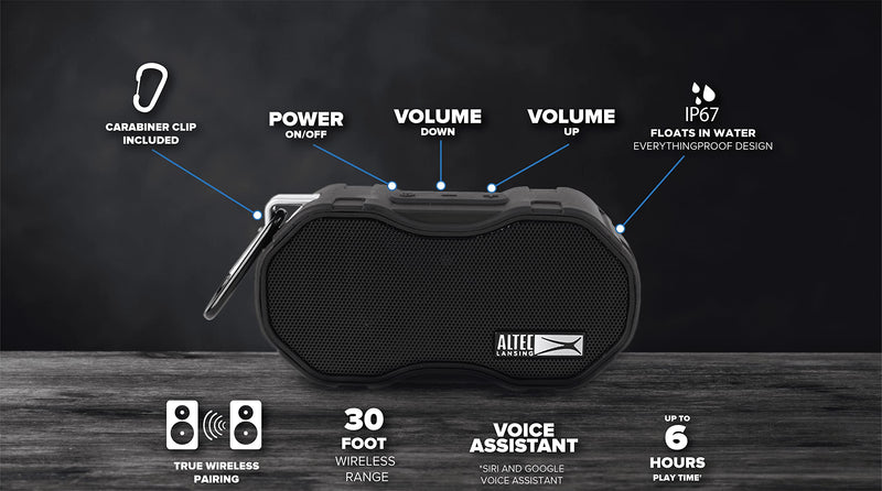 [AUSTRALIA] - Altec Lansing - Baby Boom Waterproof Bluetooth Speaker, Wireless & Portable for Travel & Outdoor Use, Deep Bass & Loud Sound, 1 Pack (Black) Black 