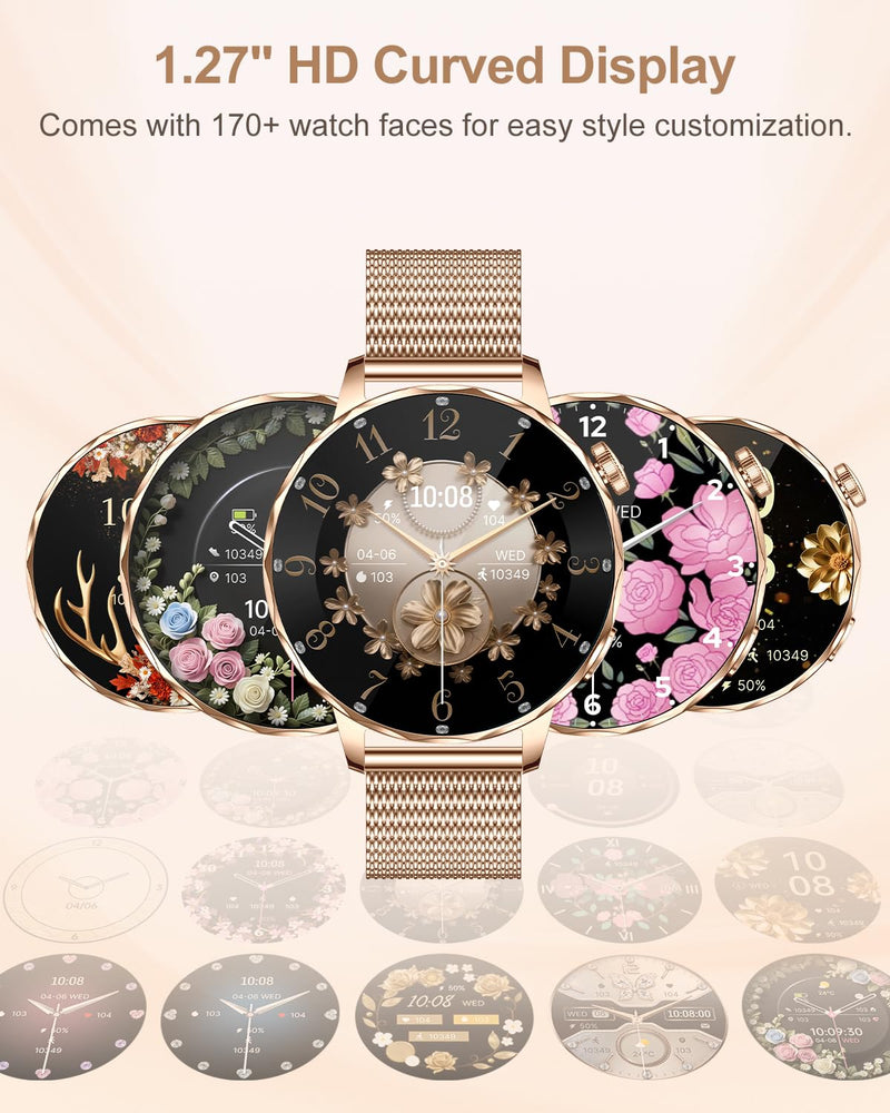 Smart Watch for Women with Bluetooth Calling, 1.27" AMOLED Touchscreen, IP68 Waterproof Fitness Tracker with Heart Rate & Sleep Monitor, 100+ Sports Modes for Android & iPhone