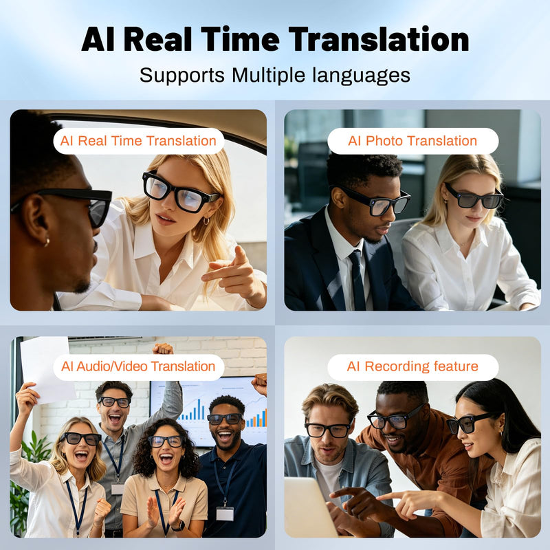 AI Smart Glasses, 8MP Camera Glasses and Audio, AI Translation Sunglasses for Men & Women, Bluetooth Glasses with Voice/Calling, 8 Hours of Music, Photochromic Lenses Photochromic:Transparent to Gray