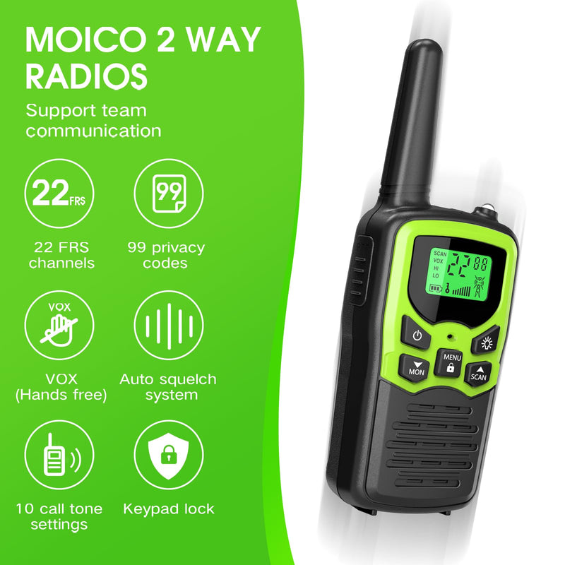 Walkie Talkies with 22 FRS Channels, MOICO Walkie Talkies for Adults with LED Flashlight VOX Scan LCD Display, Long Range Family Walkie Talkie Radios for Hiking Camping Trip (Green) Green