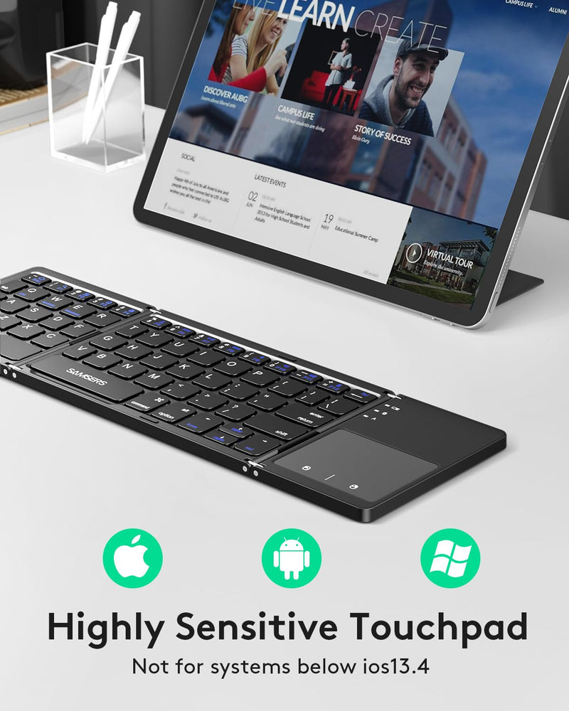 Samsers Foldable Bluetooth Keyboard with Touchpad - Portable Wireless Keyboard with Holder, Rechargeable Full Size Ultra Slim Pocket Folding Keyboard for Android Windows iOS Tablet & Laptop - Black BT x 1