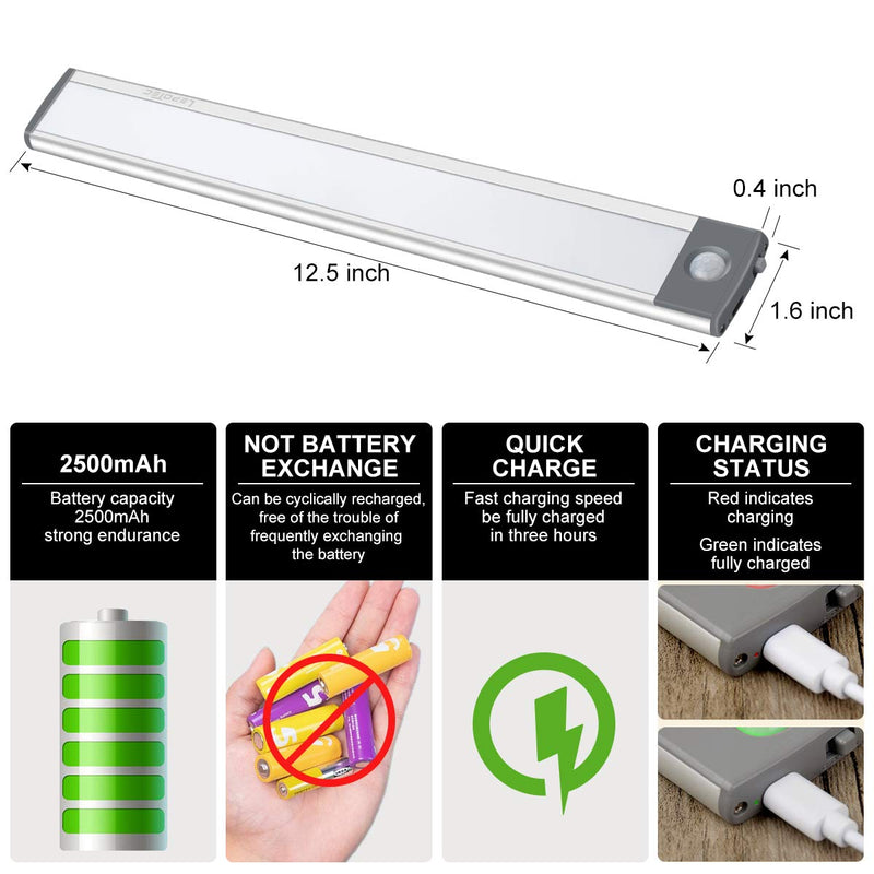 LED Motion Sensor Light,Under Counter Lighting, Wireless USB Rechargeable Kitchen Night Lights,Battery Powered Operated Light,54-LED Light for Wardrobe,Closets,Cabinet,Cupboard, 2 Count (Pack of 1) Silver-white Light 12.5inch-54LED
