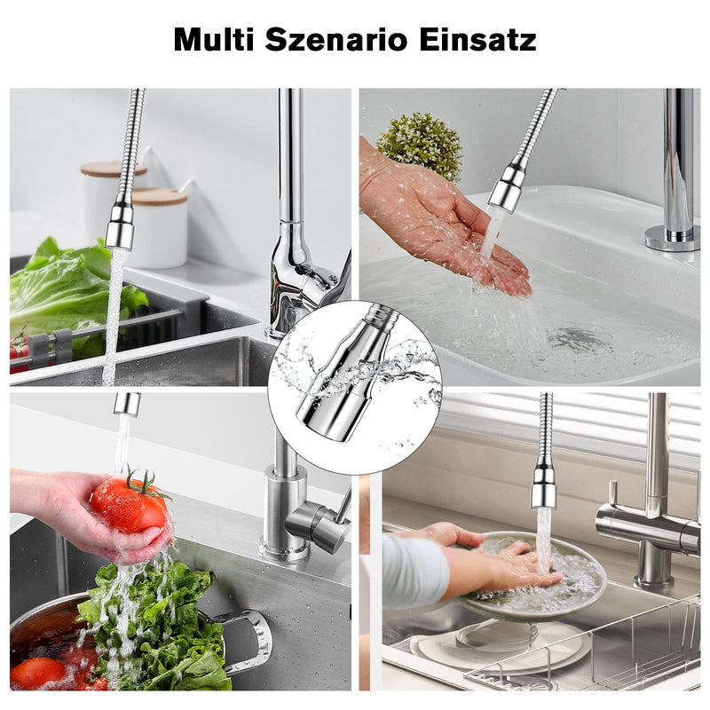 QINGHEC Pack of 2 Flexible Tap Extensions, 360° Rotating Tap Attachment Extension, Multifunctional Tap Extender, Stainless Steel for Kitchen and Bathroom, 20 cm