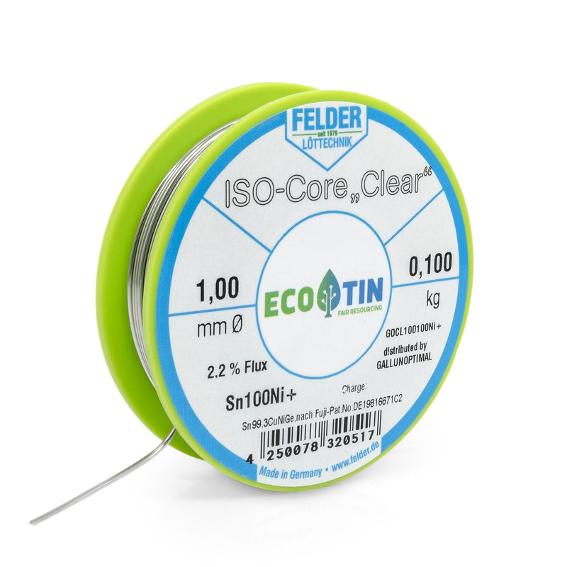GALLUNOPTIMAL Solder Tin ISO Core Soldering Wire Clear Sn100Ni+ Sn99.3CuNiGe 1 mm on 100 g Spool Made by Felder GmbH in Germany