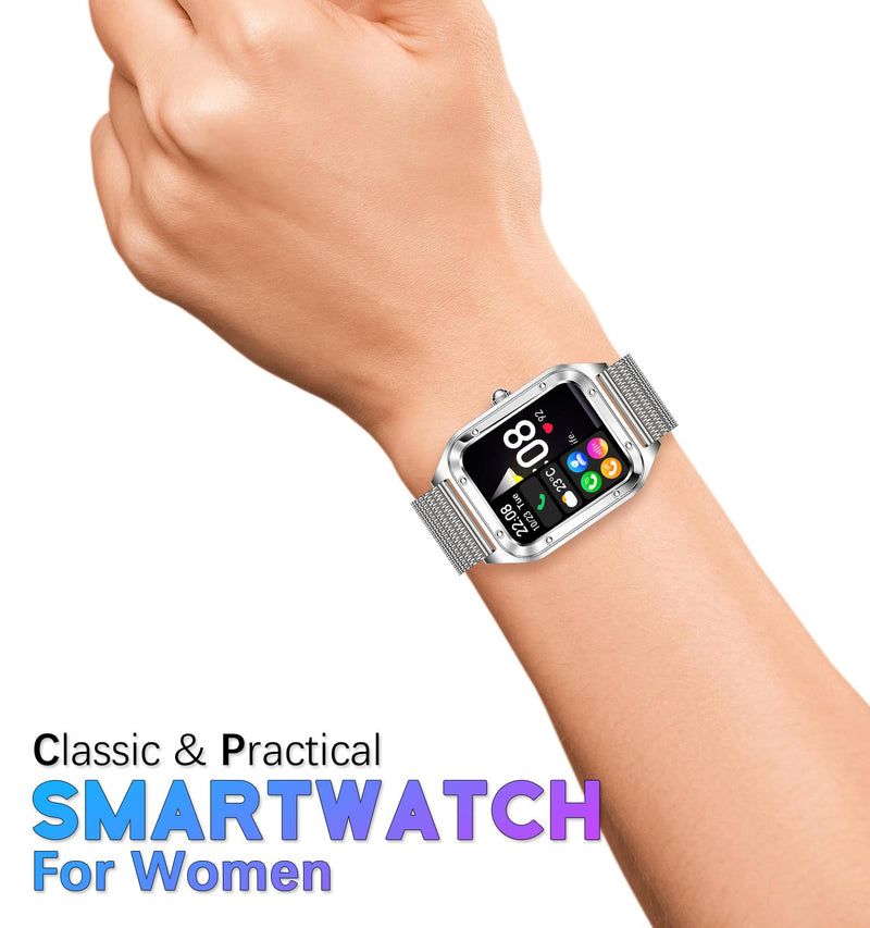 Smart Watch for Women, 1.59'' Full Touch Women's Smartwatch with Female Health Tracking, Fitness Tracker Heart Rate Monitor, Waterproof Sports Smartwatch for Android iOS (Silver Mesh RT-i98)