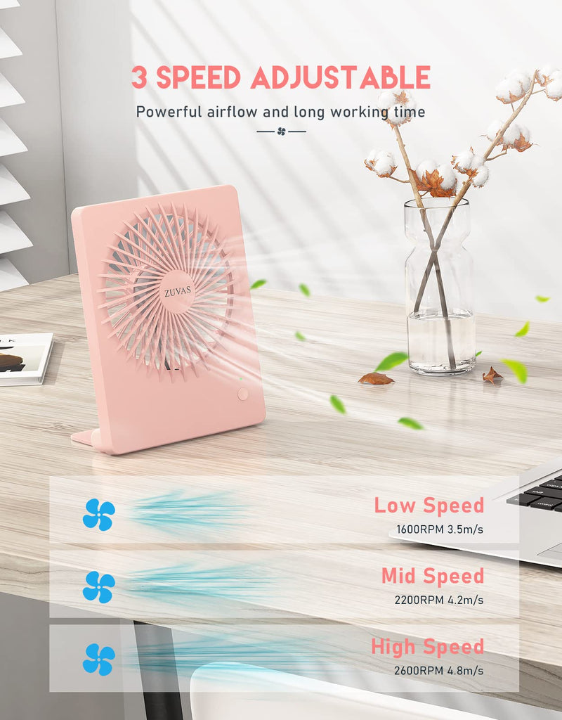 Zuvas Desk Fan Battery Operated Fan Rechargeable 180°Tilt Folding Personal Fan Ultra Quiet Small Portable Fan 3 Speed Adjustable Strong Wind USB Fan For Office Bedroom Home Desktop Camping Peach