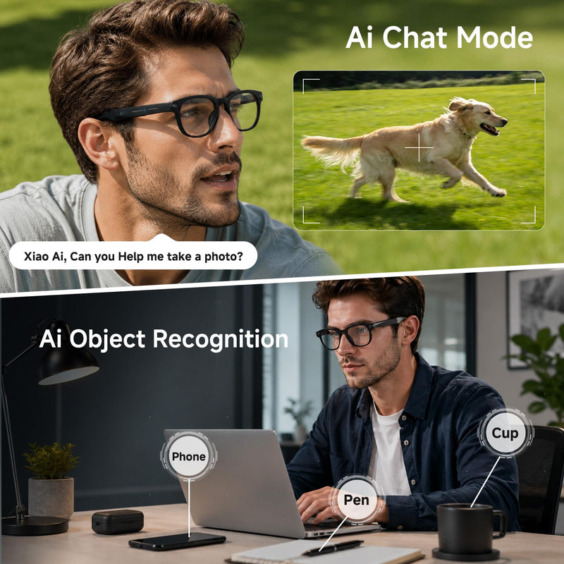 KPEP Ai Smart Glasses with 2MP Camera, HD Video Recording, Photo Taking | Bluetooth Calls Answer, Open-Ear Audio, Voice Assistant, Object Recognition, Real-time Translation, Ai Glasses with 2 Lenses Black