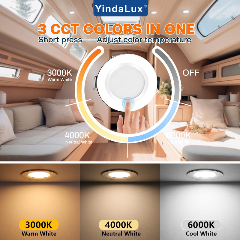 [AUSTRALIA] - YindaLux LED Recessed Spotlight 12 V Touch Control Warm White Neutral White Cool White LED Spot Dimmable 3 W IP44 Recessed Spotlights 60 mm Hole Size Recessed Lights for Caravan Kitchen Aluminium Chrome 