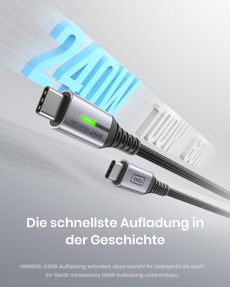 [AUSTRALIA] - INIU 240 W USB C Cable, [2 Pack 2 m] PD Fast Charging Cable USB C to USB C, Nylon Braided Charging Cable USBC Charger for iPhone 16 15 Pro Max Samsung Galaxy S25 S24 S23 Ultra Pixel 7 iPad Pro MacBook 2m + 2m With LED light 