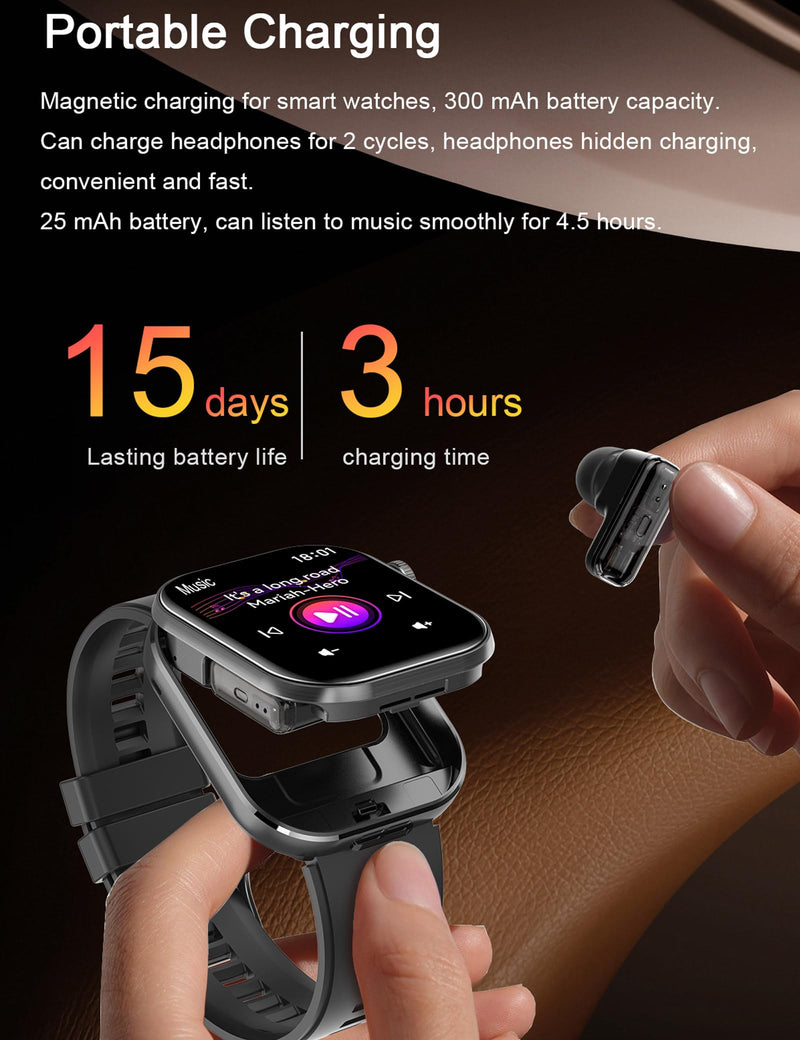 ZJX Smartwatch with Earbuds, 2.02" HD Screen Fitness Watch, Take/Dial Calls, 2-in-1 Smartwatch with TWS Headset, Waterproof Sports Fitness Tracker, Long Standby Time Black Orange
