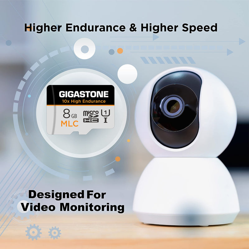 [10x High Endurance] Gigastone 8GB 2-Pack MLC Micro SD Card, Full HD Video Recording, Security Cam, Dash Cam, Surveillance Compatible 85MB/s, U1 C10, with Adapter MLC 8GB 2-Pack