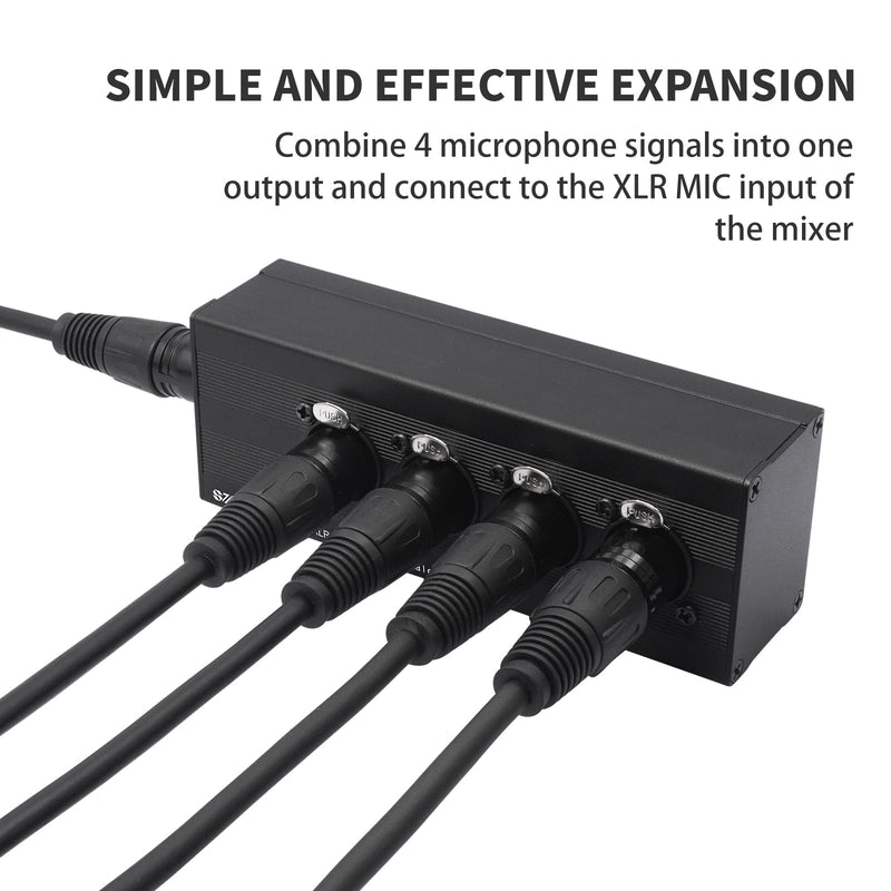 3 Pin XLR 1 Male to 4 Female Splitter,4 in to 1 Out Aduio Box,4WAY Four-Input and one-Output Parallel Connection Adapter,Four Microphone inputs Converted to one Output 1 Male to 4 Female Adapter