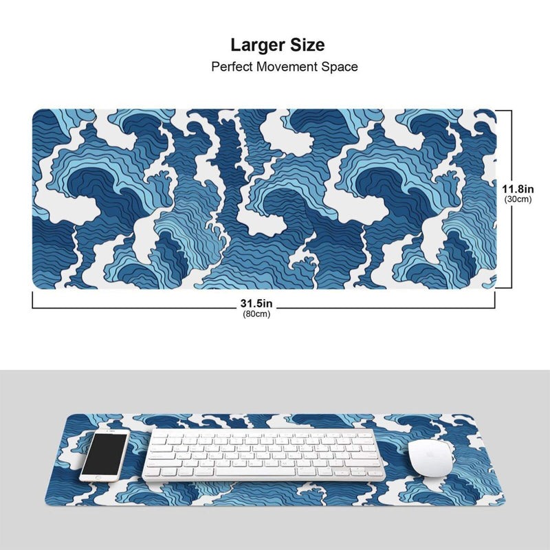 Japanese Wave Mouse Pad Blue and White Mouse Pad Gaming Large XXL Long Mousepad Extended XL Desk Mat Non-Slip Rubber Base Stitched Edges Mice Pad 31.5 X 11.8 Inch Abstract Japanese Wave