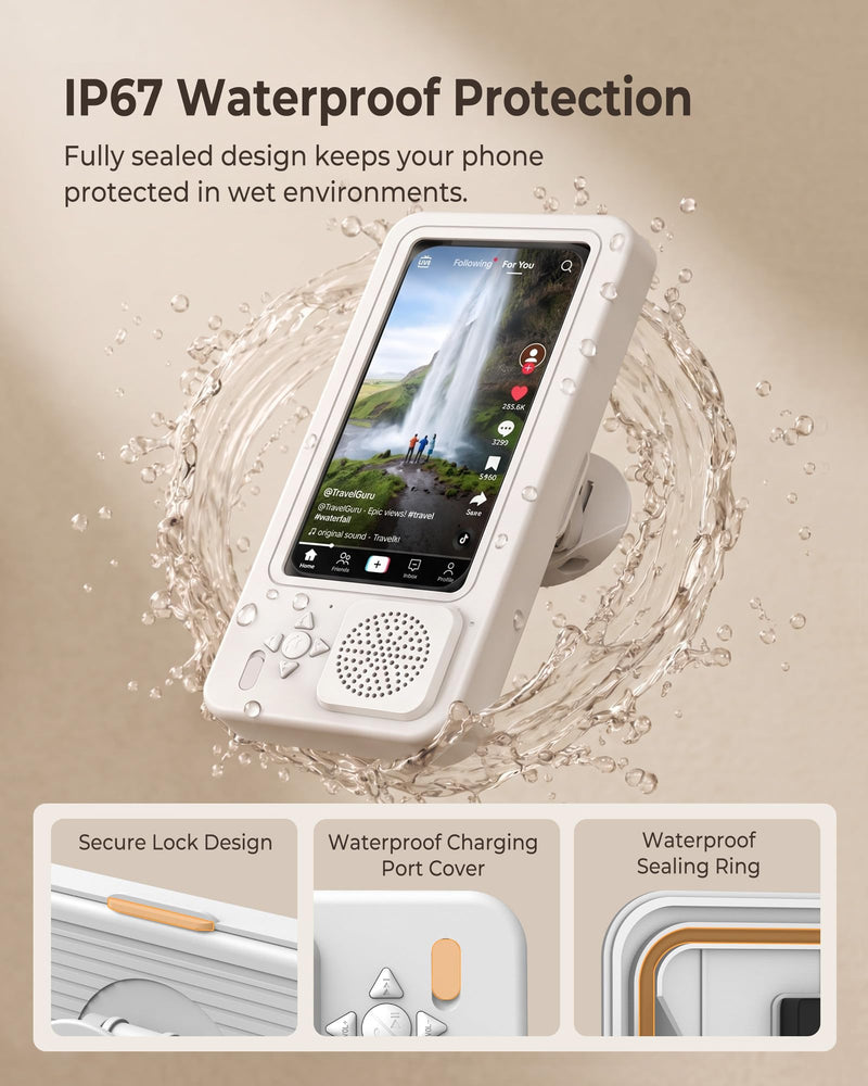 Shower Phone Holder Waterproof with Wireless Bluetooth Speaker | IP67, Anti-Fog HD Touch Screen, Bathroom Wall Mount Phone Case, 360° Rotating, Hands-Free Calls, Fits 4.7-7" Phones White