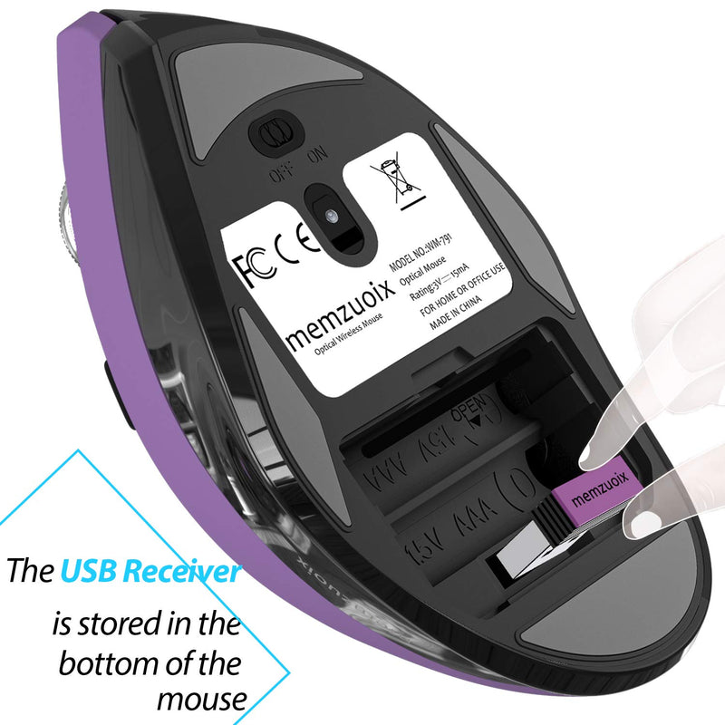 Memzuoix Ergonomic Mouse Wireless, 2.4G Optical Cordless Mice with 800 / 1200 /1600 DPI, Vertical Computer Wireless Mouse for Laptop, Mac, PC, Desktop (for Right Hand, Large), Purple