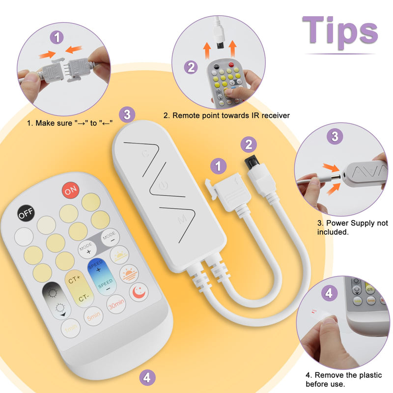 LED Controller Dimmer for CCT COB LED Strip Light,with APP Control,IR Remote,Memory Function,Timing Function for 3-pin Led Strip Lights to Bluetooth/2.4 G Wi-Fi Connection,DC12V 24V