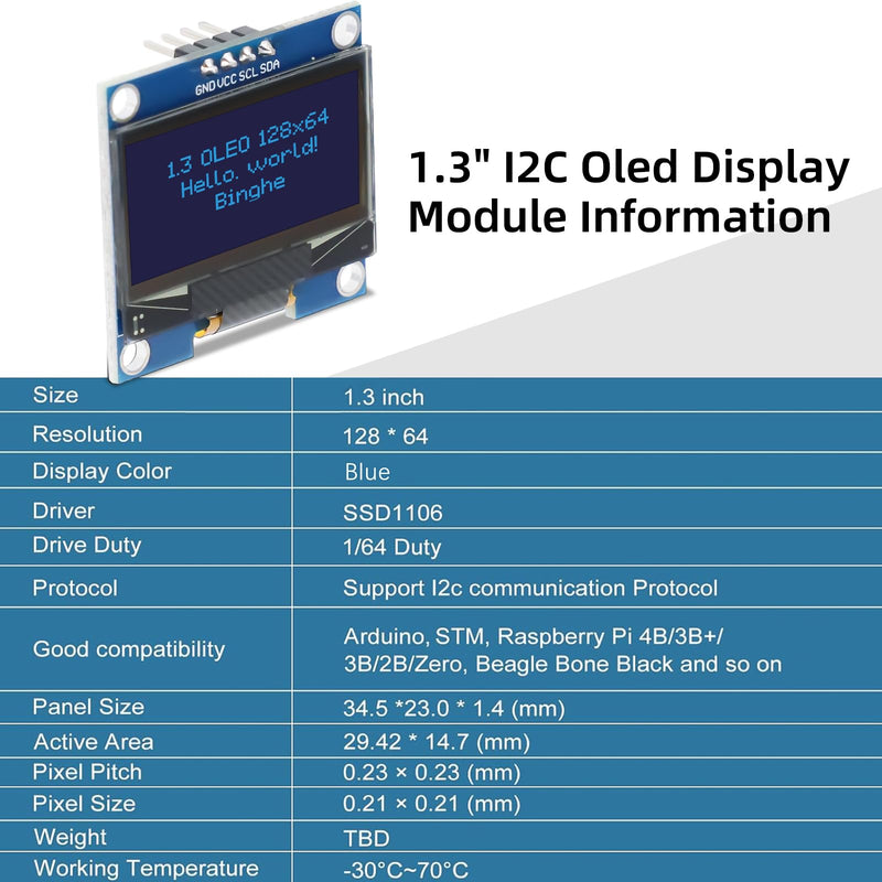 1.3 Inch OLED I2C Display Module Binghe 3 Pieces 1.3 Inch LED OLED Display I2C IIC OLED Display with 1106 Chip 128 x 64 Pixel I2C Screen Display Module with Blue Character Compatible with