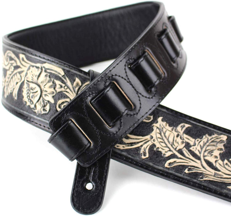 Walker & Williams KH-02-BLK Onyx Black Hand Carved Leather Padded Guitar Strap With Traditional Western Tooling For Acoustic, Electric, And Bass Guitars