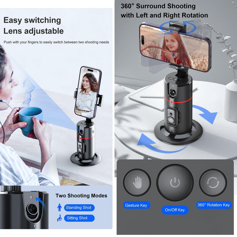 Auto Face Tracking Tripod 360° Rotation - Auto Tracking Phone Holder with Remote, Smart Shooting Phone Stand Moving Tripod for iPhone Content Creator Essentials for Video Vlog Live Stream, No App