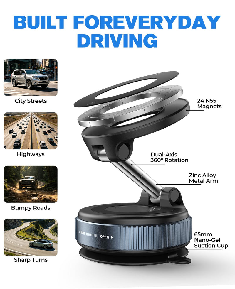 Jononser Magnetic Car Phone Holder for MagSafe, Nano-Gel Suction Cup Car Phone Mount for Car Dashboard & Windshield, Pocket-Size Foldable 360° Adjustable Car Mount for iPhone 17 16 15 14 13 12 Series Black Nano-Gel Grip