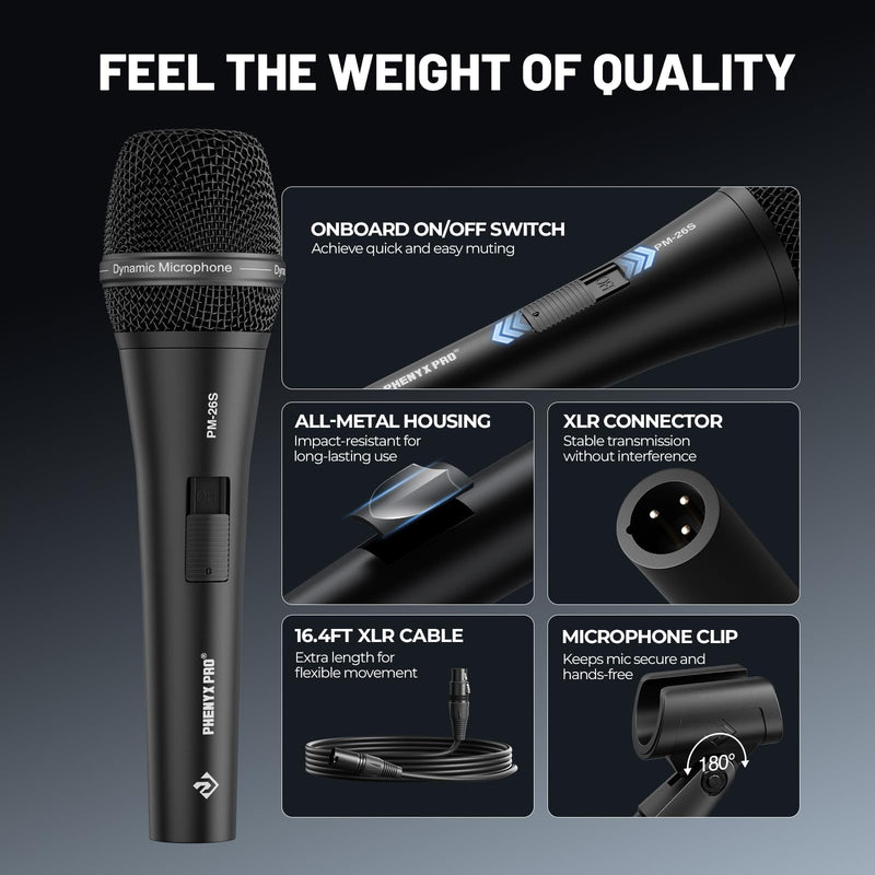 Phenyx Pro Vocal Microphone, Supercardioid Dynamic Mic with 16.4 ft XLR Cable, Mic Clip, Storage Bag, Wired Handheld Microphone for Singing, Stage, Studio, Karaoke (PM-26S)
