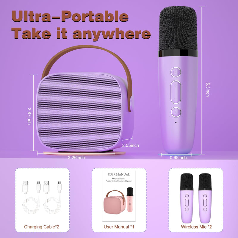 Karaoke Machine for Kids,Most Popular Birthday Gifts for 3, 4, 5, 6, 7, 8, 9, 10,11,12 +Year Old Girls Boys,Mini Karaoke Machine with 2 Wireless Microphones,Portable Bluetooth Home Party (Purple) 2 Mic Purple2
