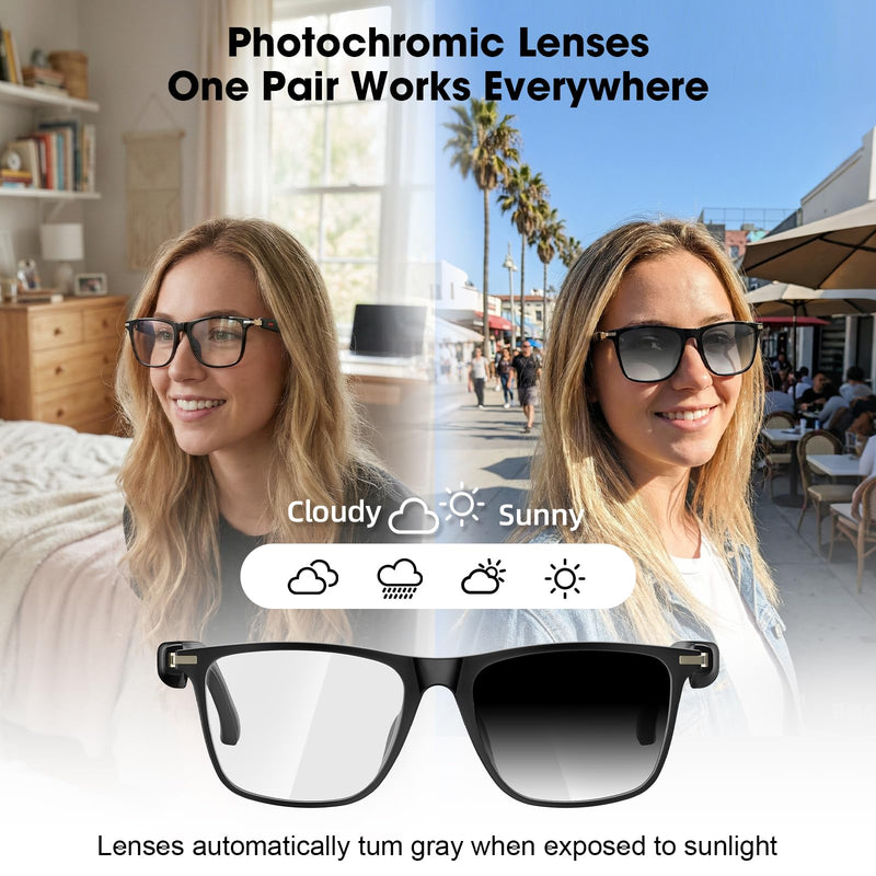 AI Smart Audio Translation Glasses with Real-Time Language Translation 139 Languages via App, Bluetooth Open-Ear Eyewear, AI Assistant, Photochromic Sunglasses, Meeting Recorder for Travel Business