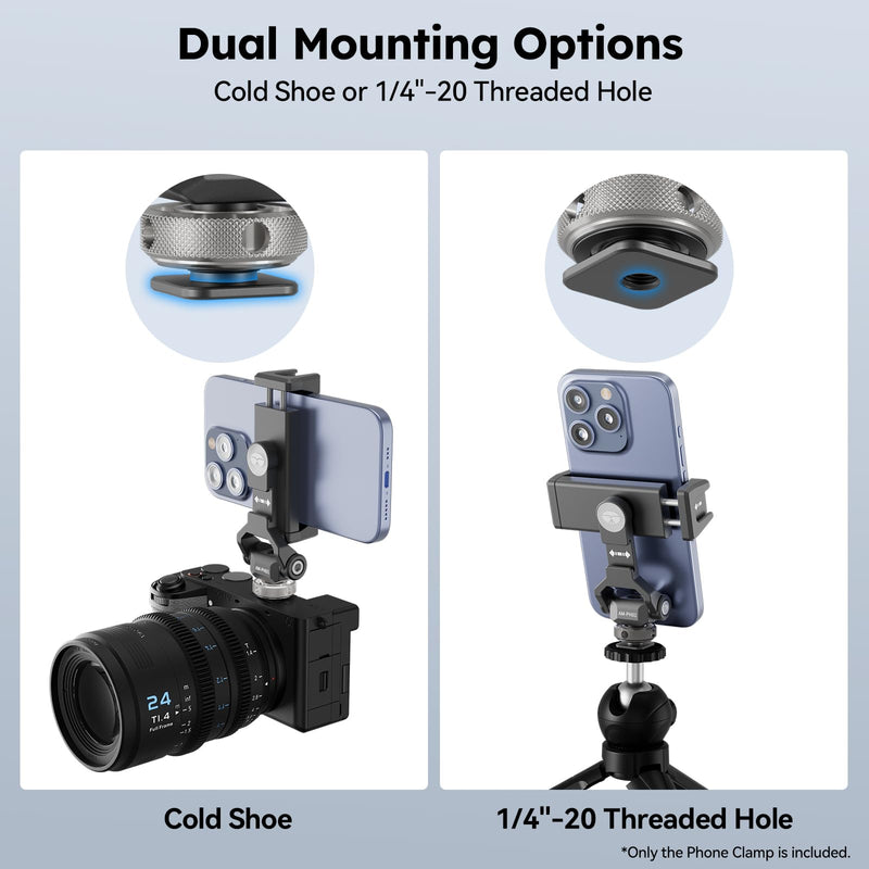 Sirui Metal Phone Holder with Cold Shoe Base for Camera Mount, Universal Tripod Smartphone Clamp with 3 Cold Shoes, Adjustable Cellphone Tripod Mount for iPhone 16 15 14, etc. Gunmetal, AM-PH01